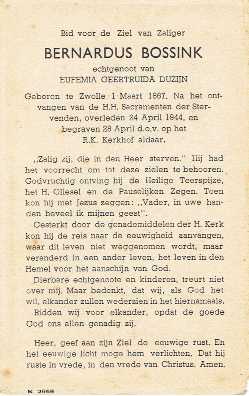 bidprentje Bernardus Bossink